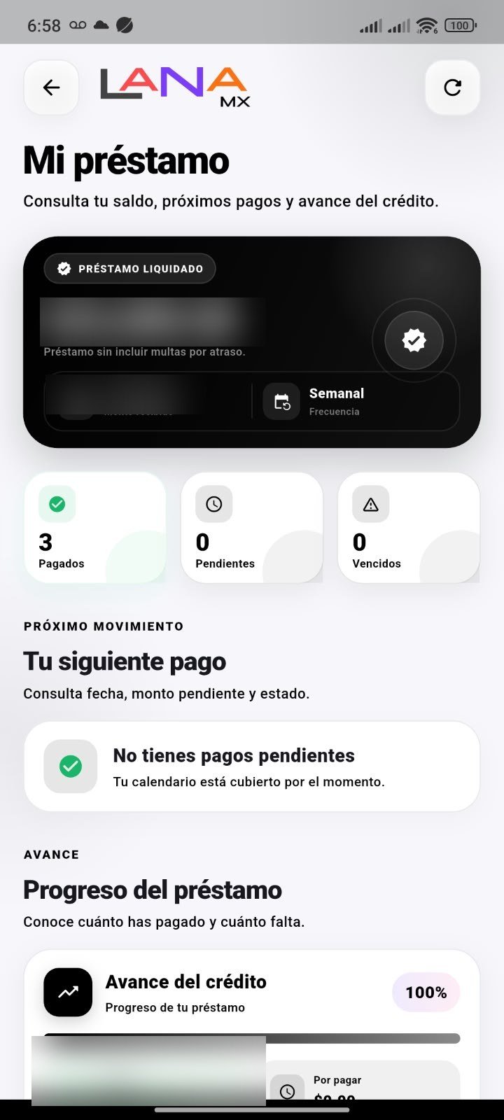 Pantalla real Mi préstamo de LanaMX, con datos sensibles ocultos